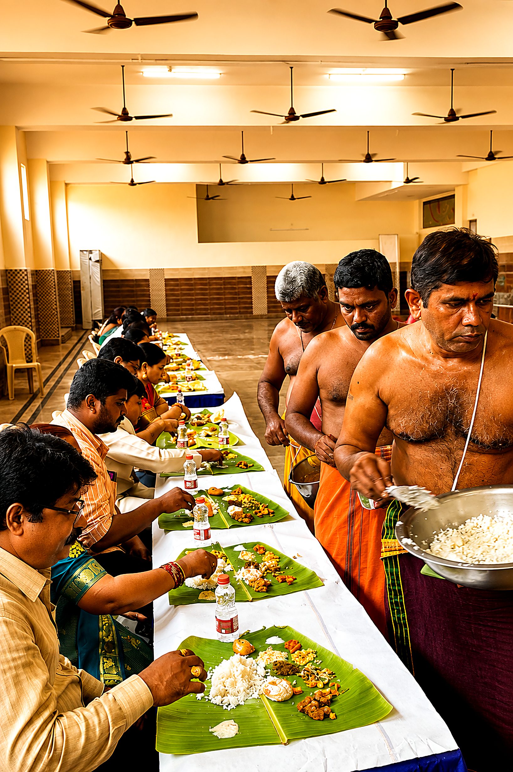 Guests seated at a long banana-leaf dining setup while staff serve rice, styled for a Jayram Catering traditional gathering