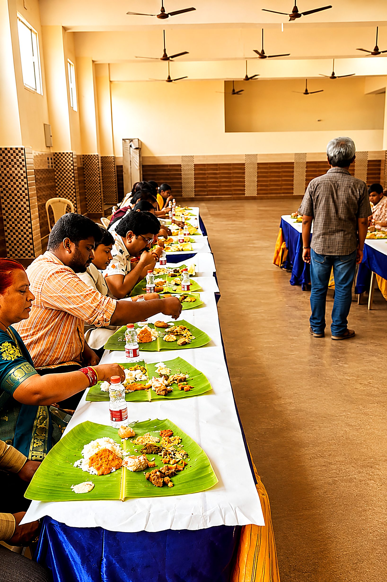 A row of banana-leaf place settings with guests dining at a Jayram Catering traditional event
